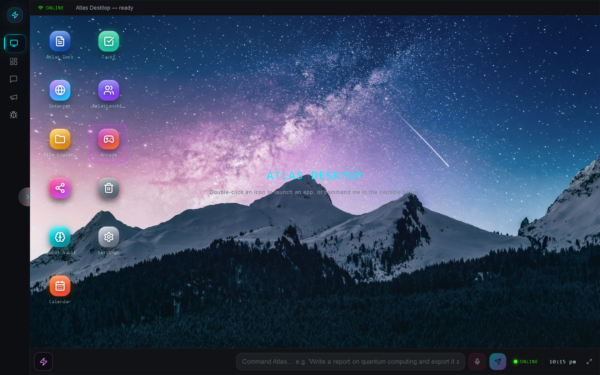 ATLAS desktop web OS preview with windows and theme controls